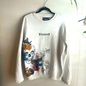 Blind rooster men’s crewneck sweatshirt size large blessed skull with flowers